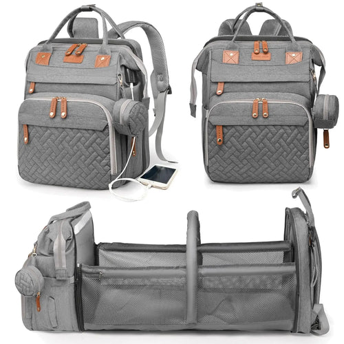 Diaper bag backpack in grey, shown closed and folded out into a bed