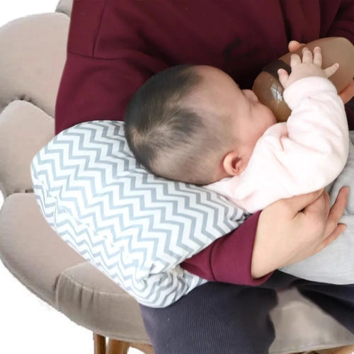 Nursing arm pillow in grey chevron, side view